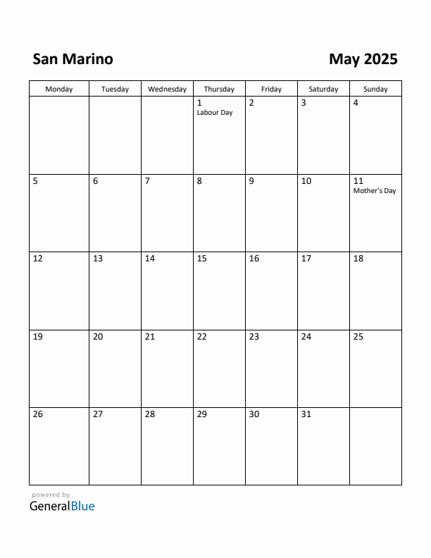 May 2025 Calendar with San Marino Holidays