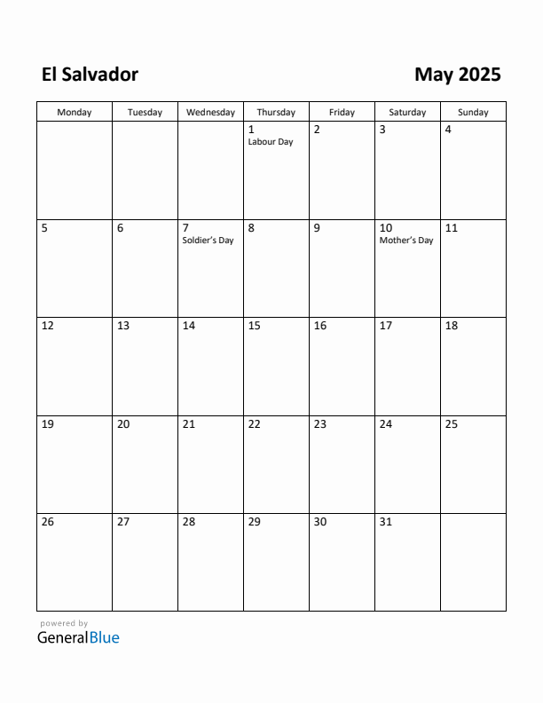 May 2025 Calendar with El Salvador Holidays