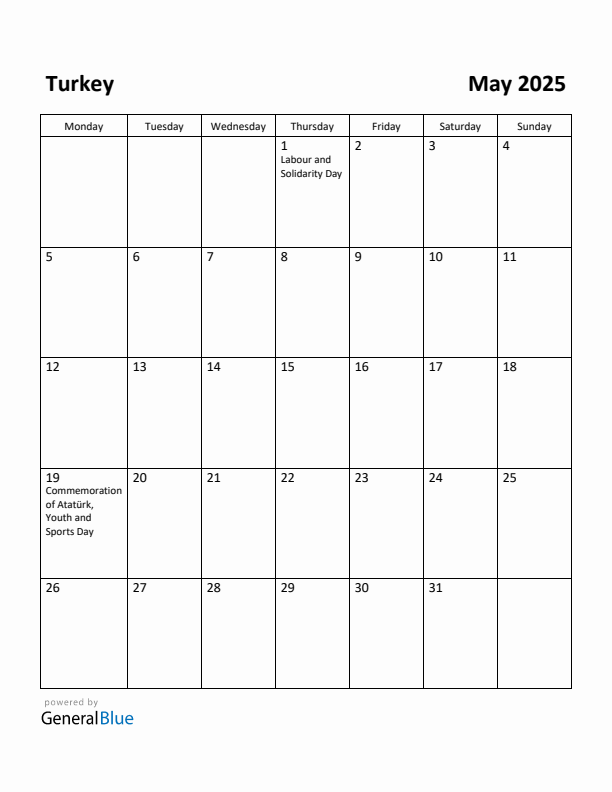 May 2025 Calendar with Turkey Holidays