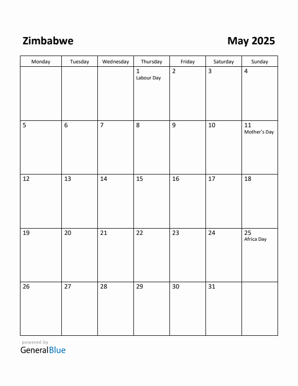 May 2025 Calendar with Zimbabwe Holidays