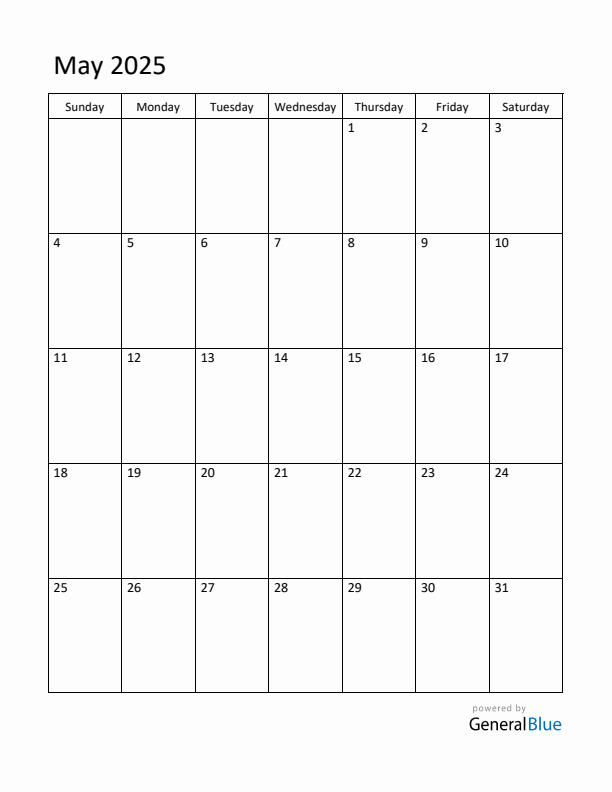 Sunday Start Calendar for May 2025