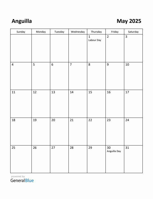 May 2025 Calendar with Anguilla Holidays