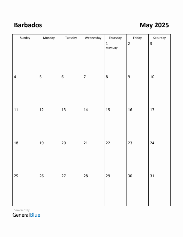 May 2025 Calendar with Barbados Holidays