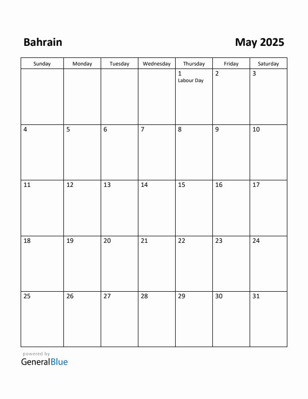 May 2025 Calendar with Bahrain Holidays