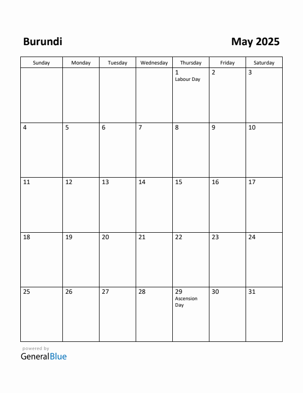 May 2025 Calendar with Burundi Holidays