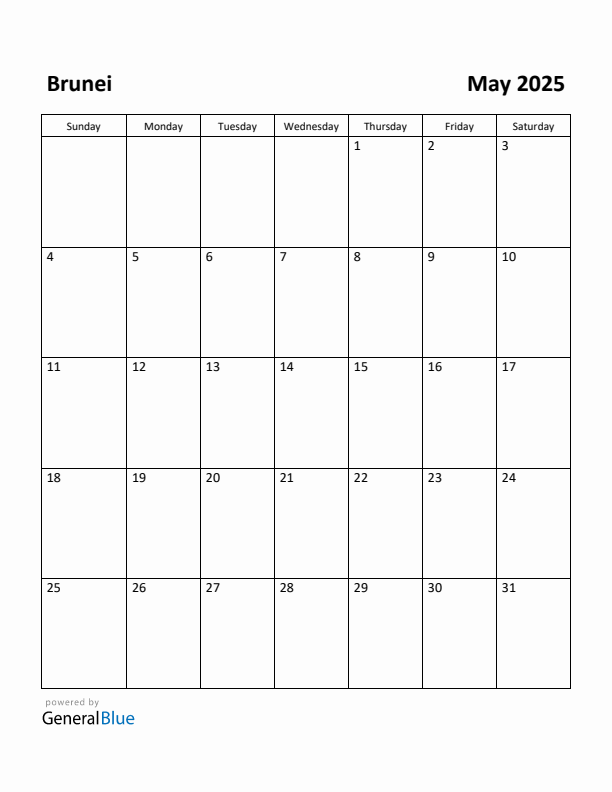 May 2025 Calendar with Brunei Holidays