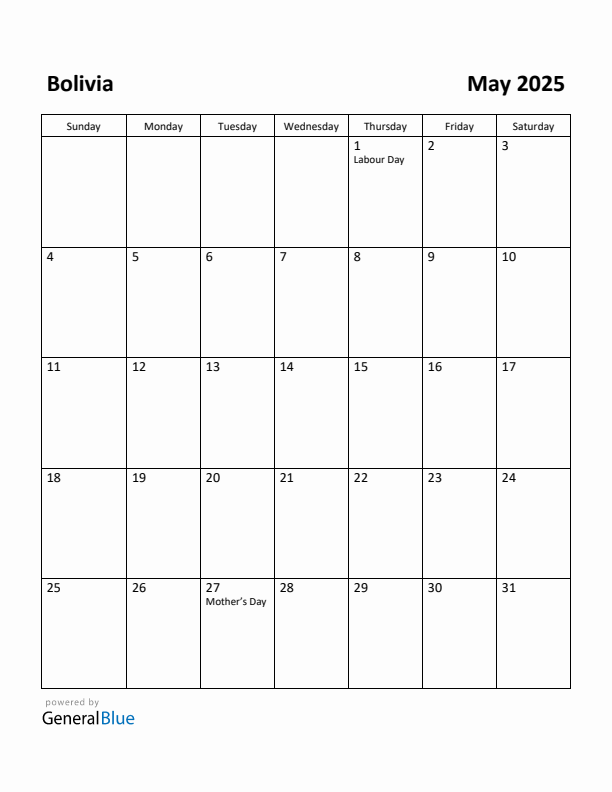 May 2025 Calendar with Bolivia Holidays