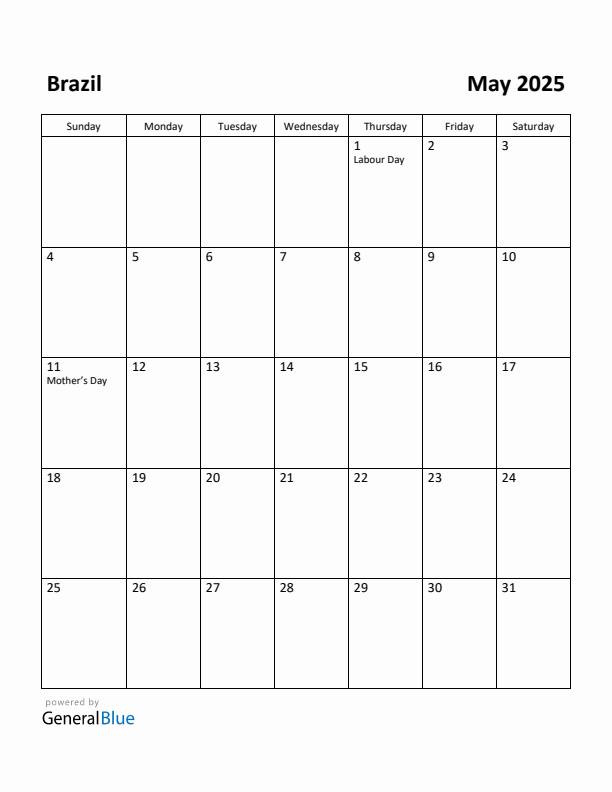 May 2025 Calendar with Brazil Holidays