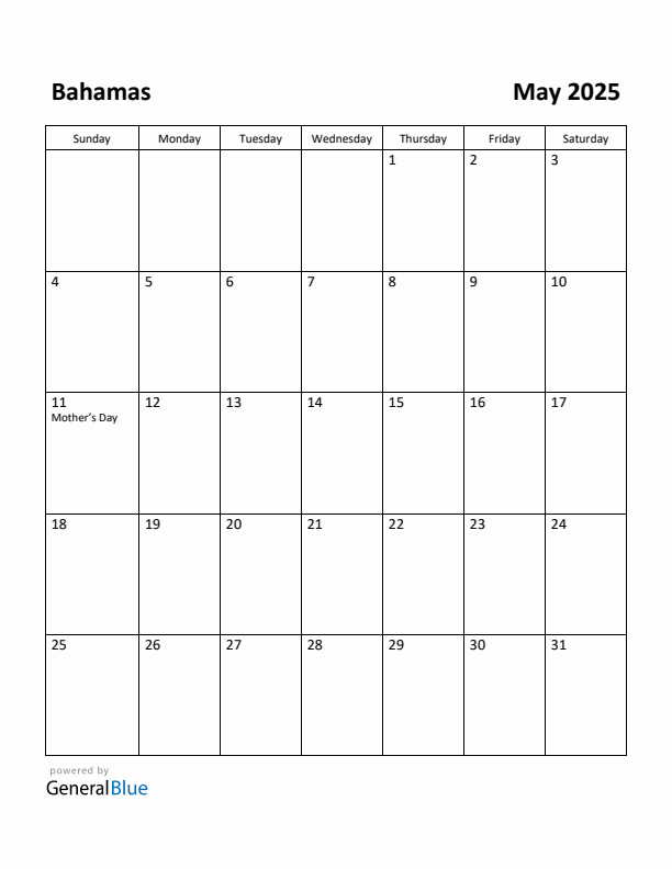 May 2025 Calendar with Bahamas Holidays