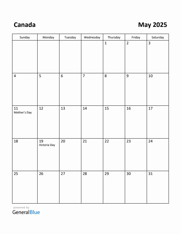 May 2025 Calendar with Canada Holidays