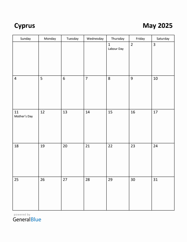 May 2025 Calendar with Cyprus Holidays