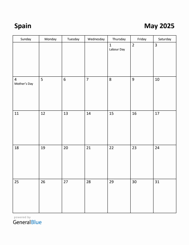 May 2025 Calendar with Spain Holidays