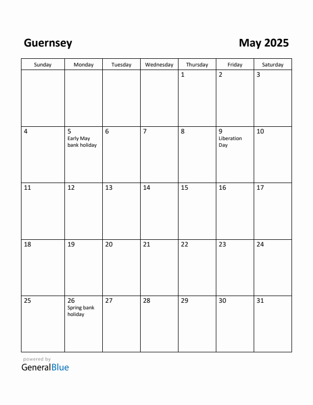 May 2025 Calendar with Guernsey Holidays