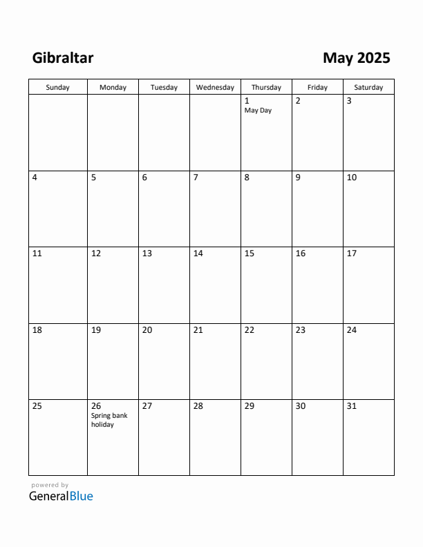 May 2025 Calendar with Gibraltar Holidays