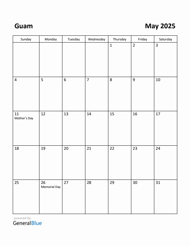 May 2025 Calendar with Guam Holidays