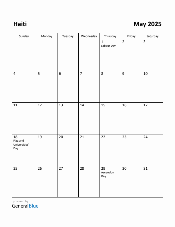 May 2025 Calendar with Haiti Holidays