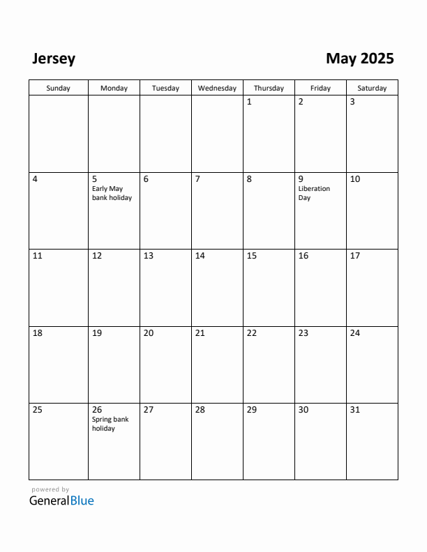 May 2025 Calendar with Jersey Holidays