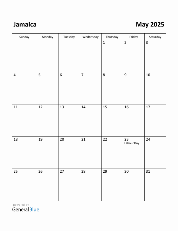 May 2025 Calendar with Jamaica Holidays