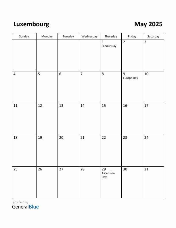 May 2025 Calendar with Luxembourg Holidays