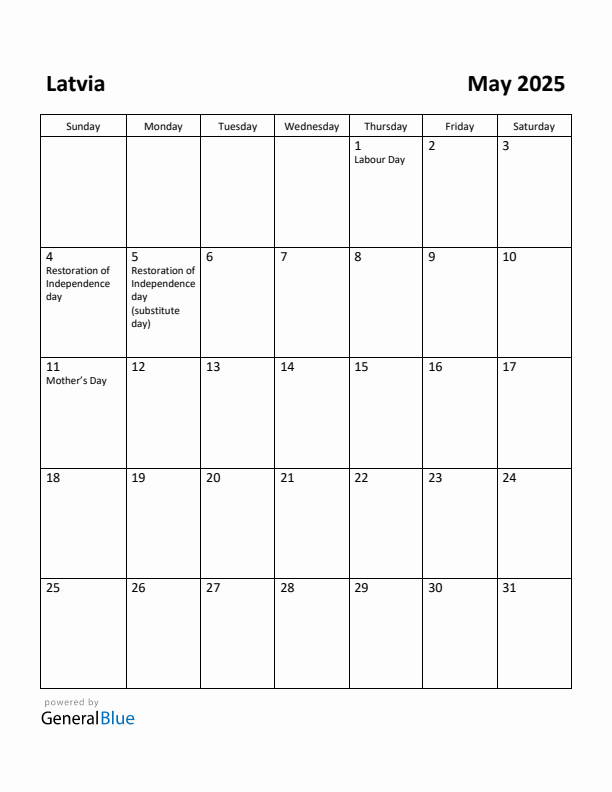 May 2025 Calendar with Latvia Holidays