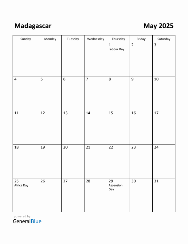 May 2025 Calendar with Madagascar Holidays