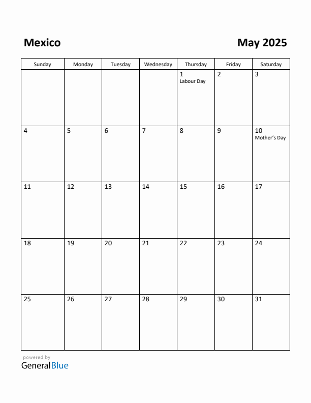 May 2025 Calendar with Mexico Holidays