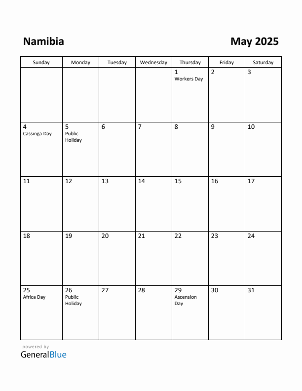 May 2025 Calendar with Namibia Holidays