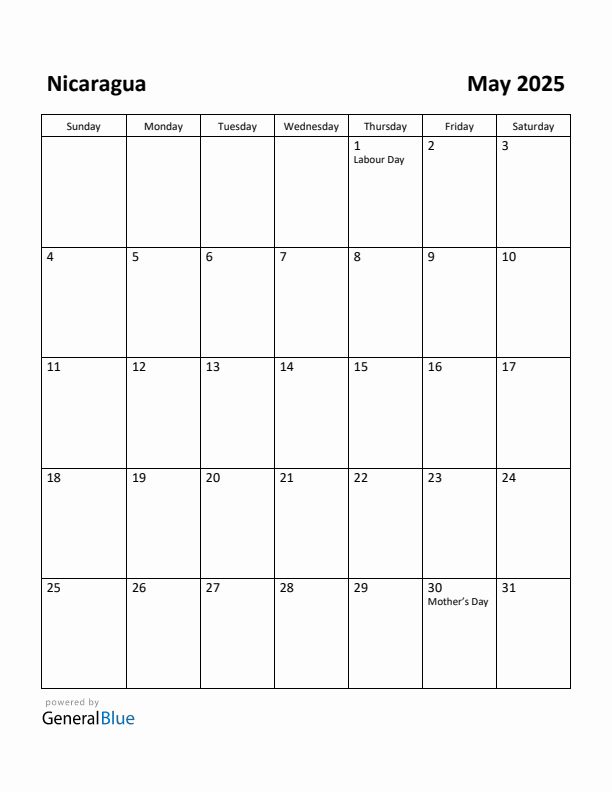 May 2025 Calendar with Nicaragua Holidays