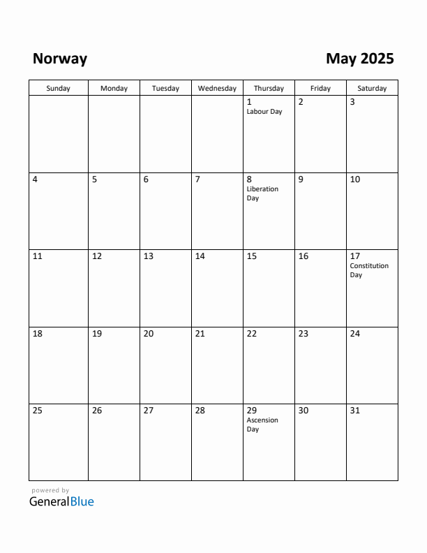 May 2025 Calendar with Norway Holidays