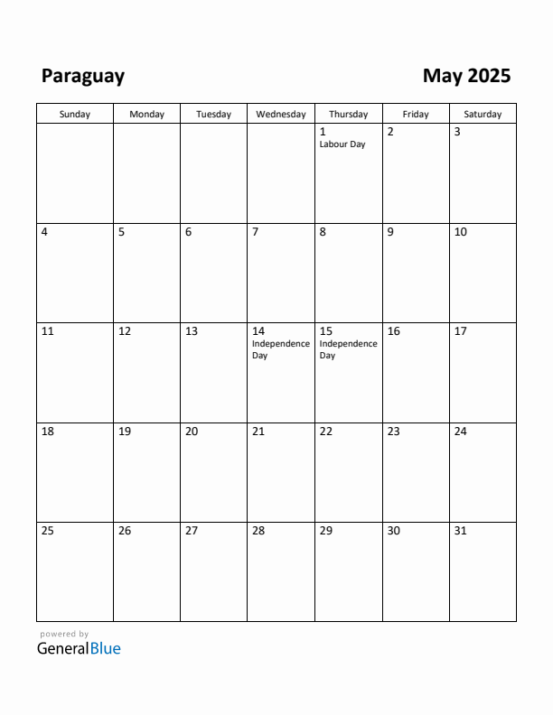 May 2025 Calendar with Paraguay Holidays