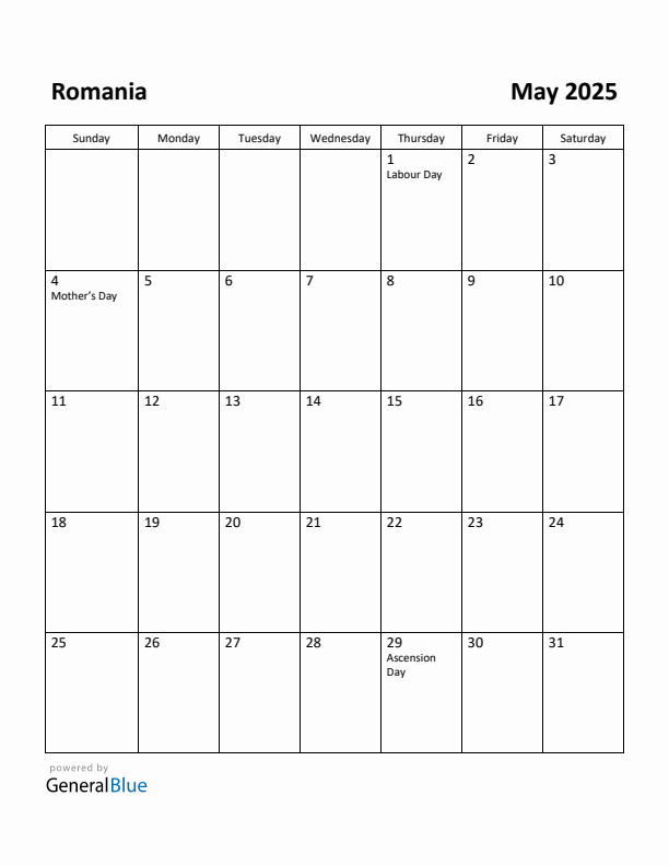 May 2025 Calendar with Romania Holidays