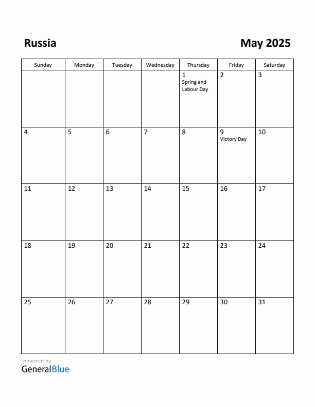 May 2025 Calendar with Russia Holidays