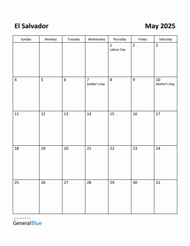 May 2025 Calendar with El Salvador Holidays