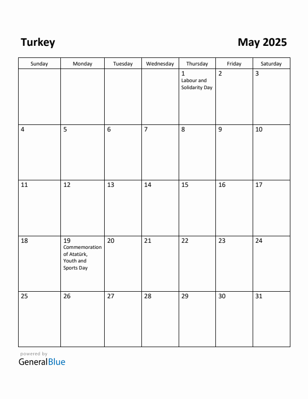 May 2025 Calendar with Turkey Holidays