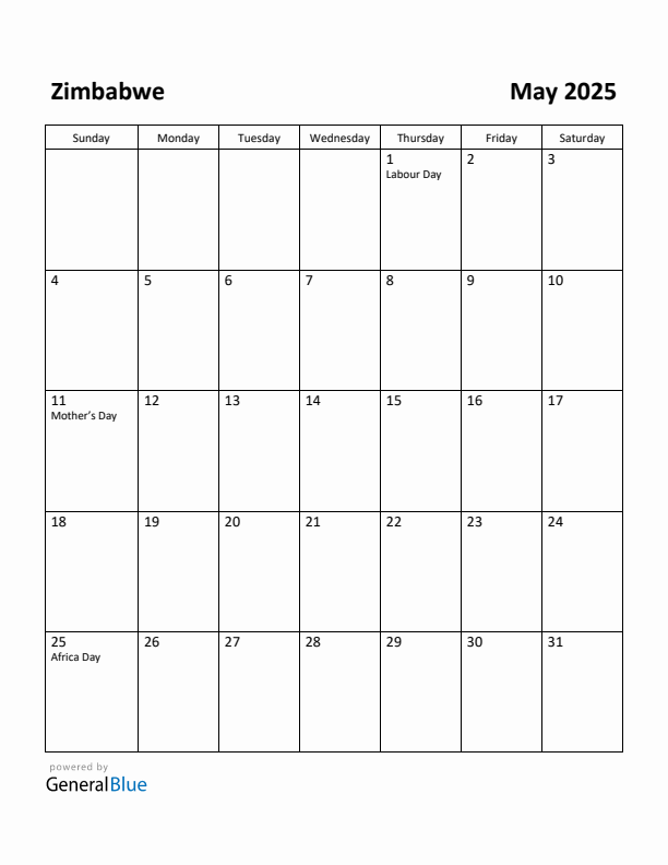 May 2025 Calendar with Zimbabwe Holidays