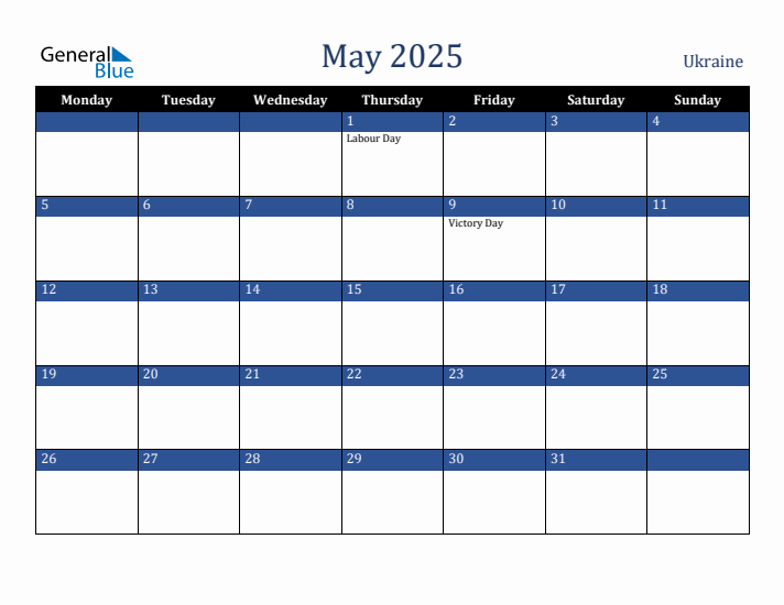 May 2025 Ukraine Calendar (Monday Start)