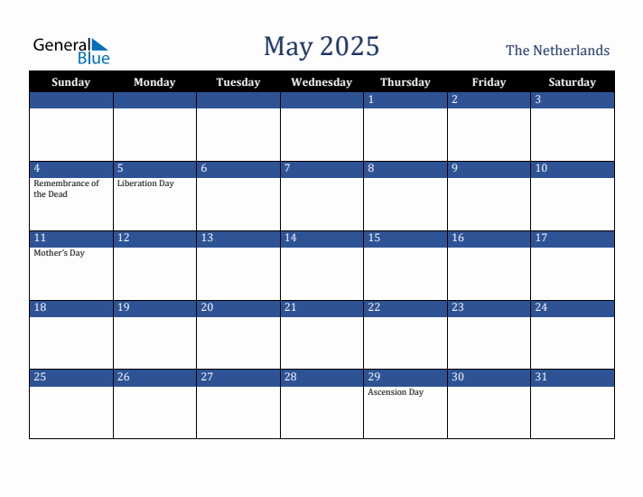 May 2025 The Netherlands Calendar (Sunday Start)