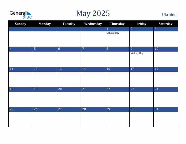 May 2025 Ukraine Calendar (Sunday Start)