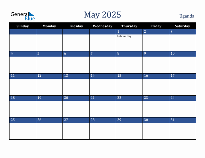 May 2025 Uganda Calendar (Sunday Start)