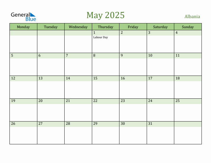 May 2025 Calendar with Albania Holidays