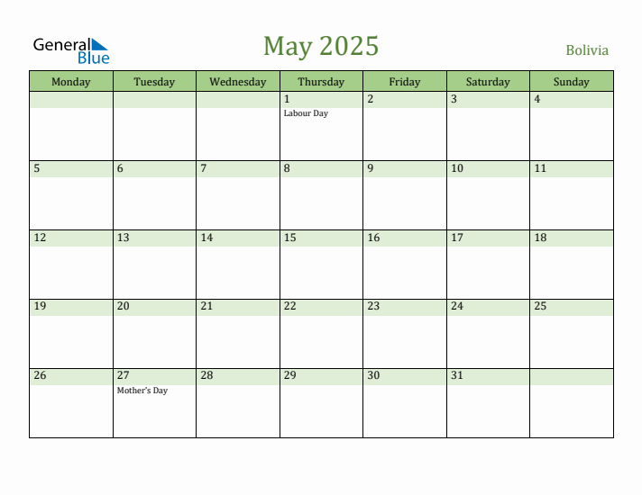 May 2025 Calendar with Bolivia Holidays