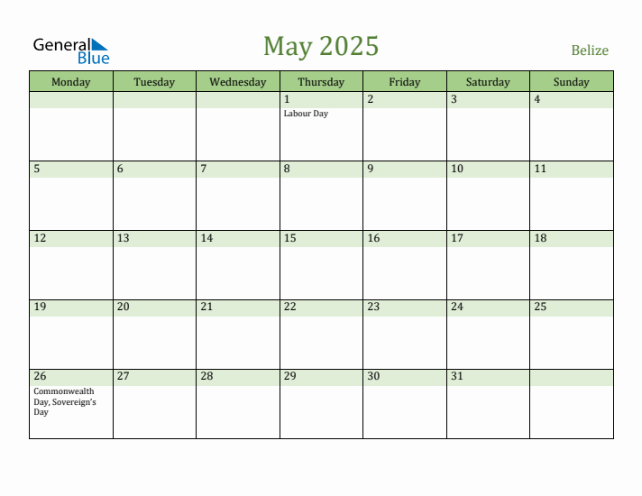 May 2025 Calendar with Belize Holidays