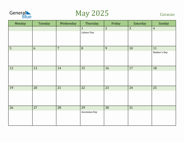 May 2025 Calendar with Curacao Holidays