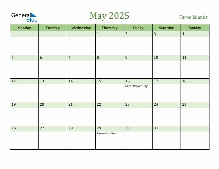 May 2025 Calendar with Faroe Islands Holidays