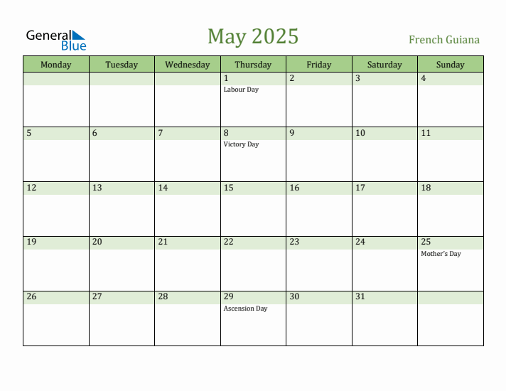 May 2025 Calendar with French Guiana Holidays