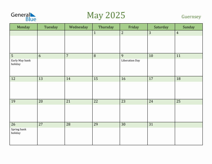 May 2025 Calendar with Guernsey Holidays