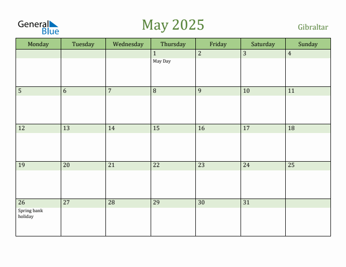 May 2025 Calendar with Gibraltar Holidays