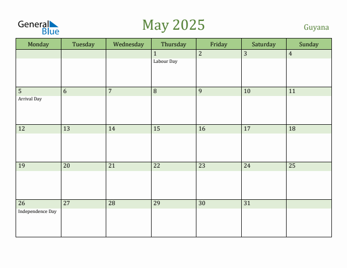 May 2025 Calendar with Guyana Holidays