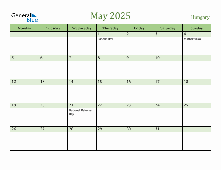 May 2025 Calendar with Hungary Holidays