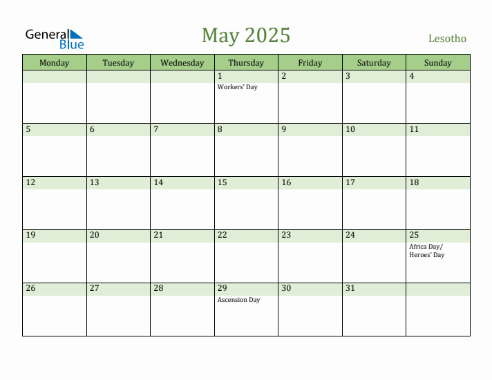 May 2025 Calendar with Lesotho Holidays